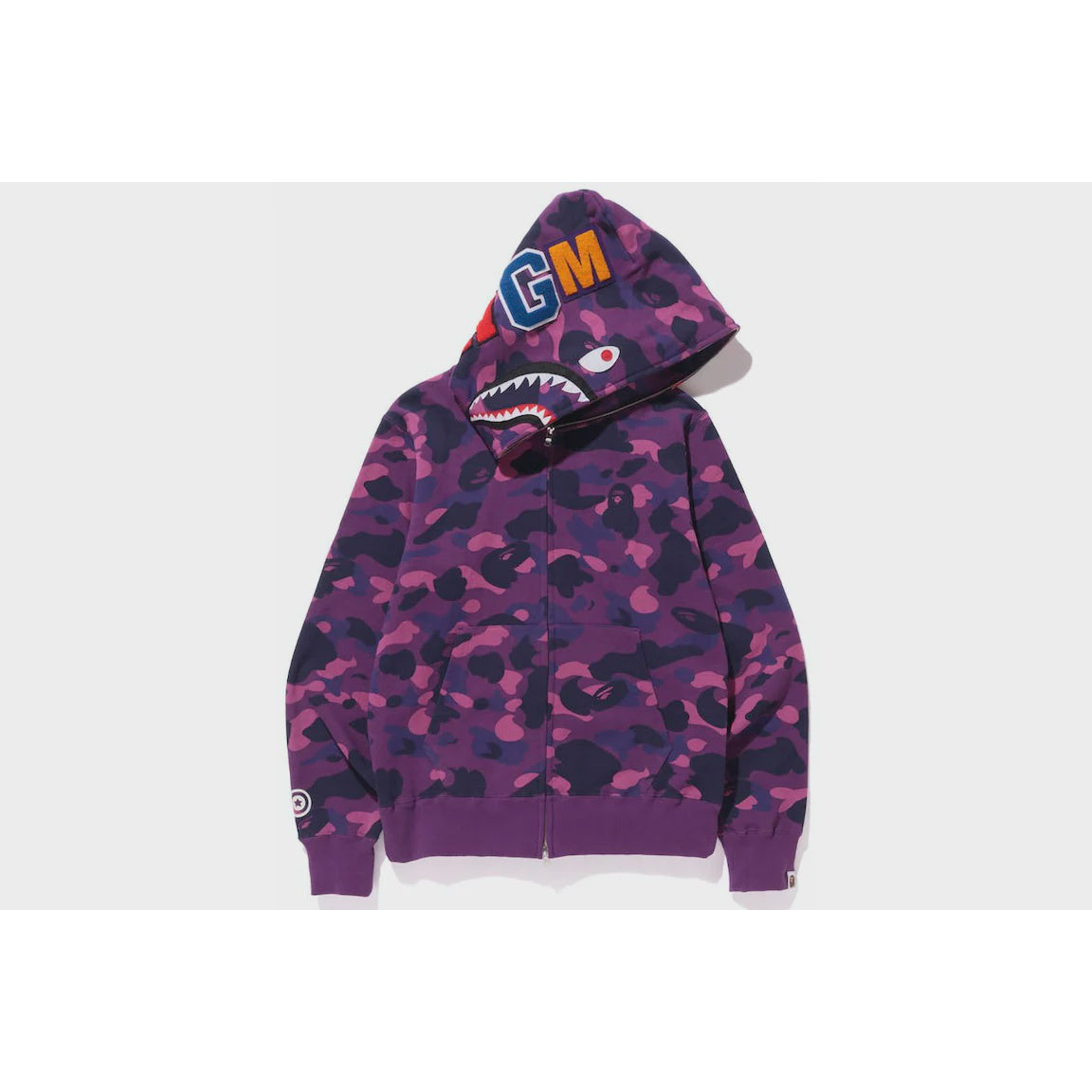 BAPE Color Camo Shark Full Zip Hoodie in Purple (SS23) featuring iconic shark graphic and vibrant camo design for stylish streetwear