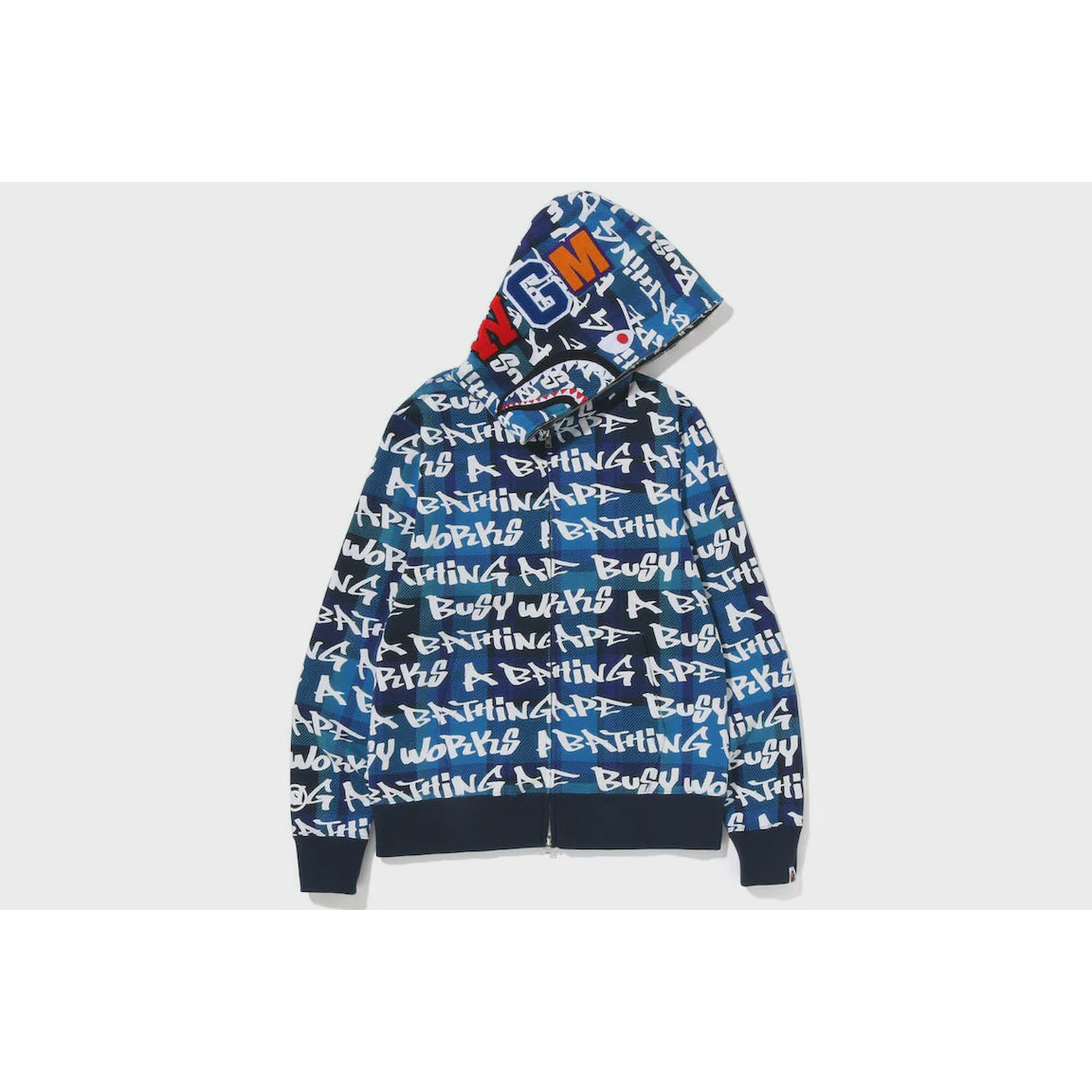 Blue BAPE Graffiti Check Shark Full Zip Hoodie featuring iconic graffiti design