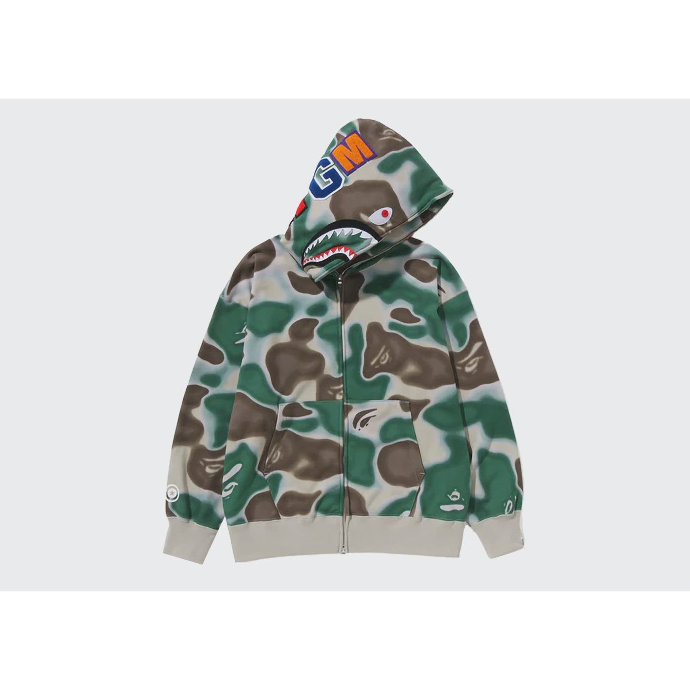 BAPE Liquid Camo Shark Relaxed Fit Full Zip Hoodie in Olivedrab, perfect for streetwear and urban fashion enthusiasts