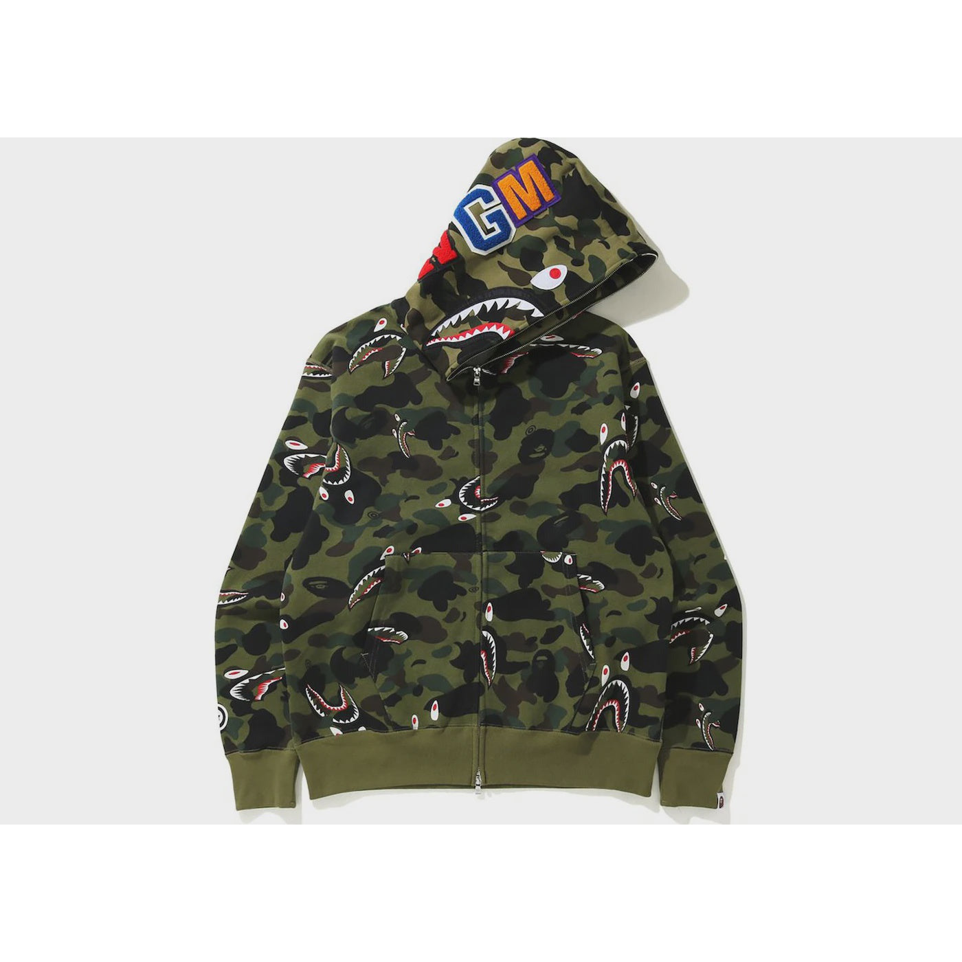 BAPE Shark 1st Camo Shark Relaxed Full Zip Hoodie in green, a stylish and comfortable hooded sweatshirt with a unique shark design