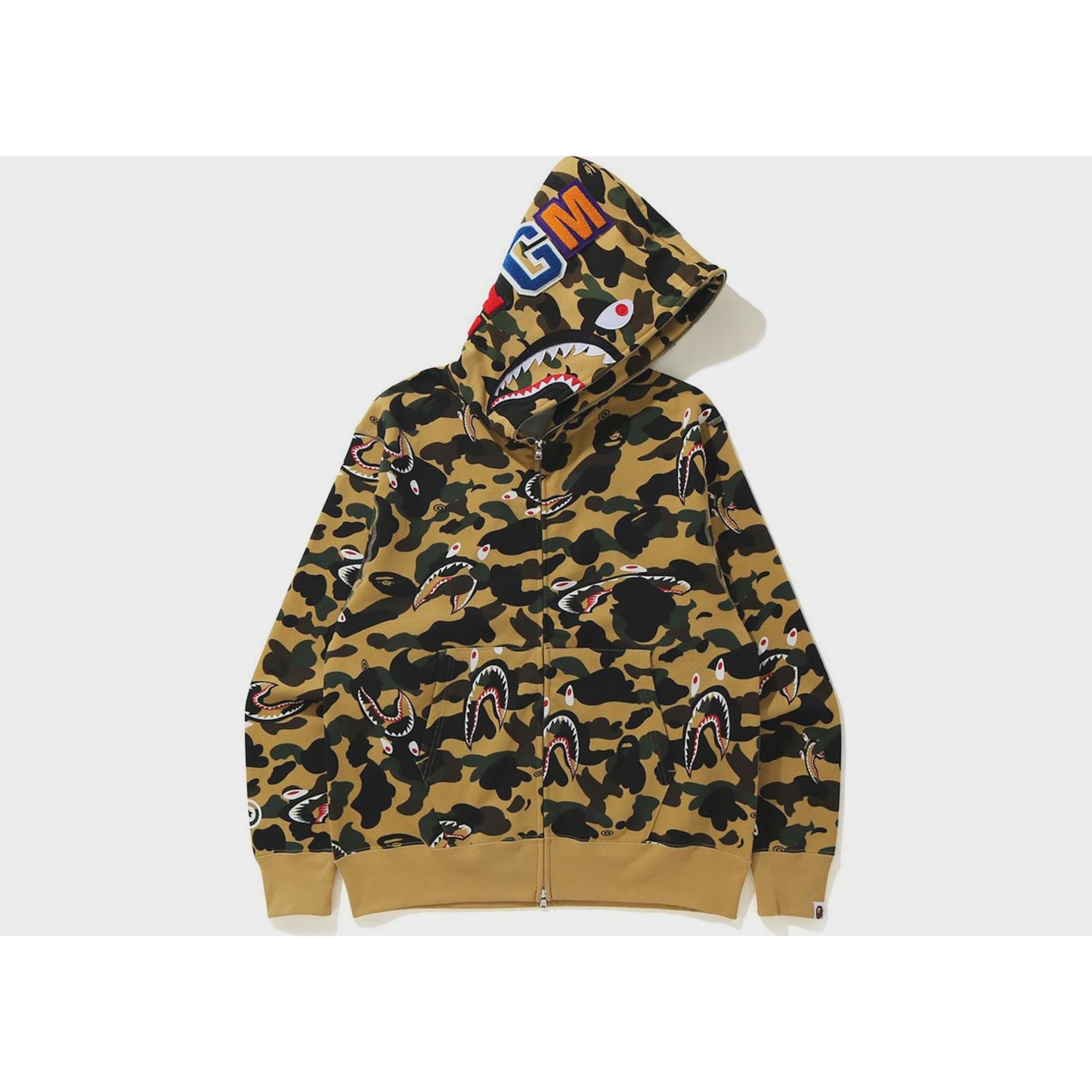 Yellow BAPE Shark 1st Camo Shark Relaxed Full Zip Hoodie featuring iconic shark design and comfortable fit