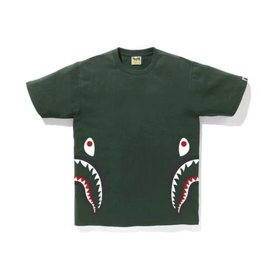 BAPE Side Shark Tee in vibrant green and black colorway with iconic shark graphic