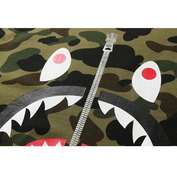 BAPE 1st Camo Shark Tee in Green and Camo, a stylish streetwear shirt with iconic shark graphic
