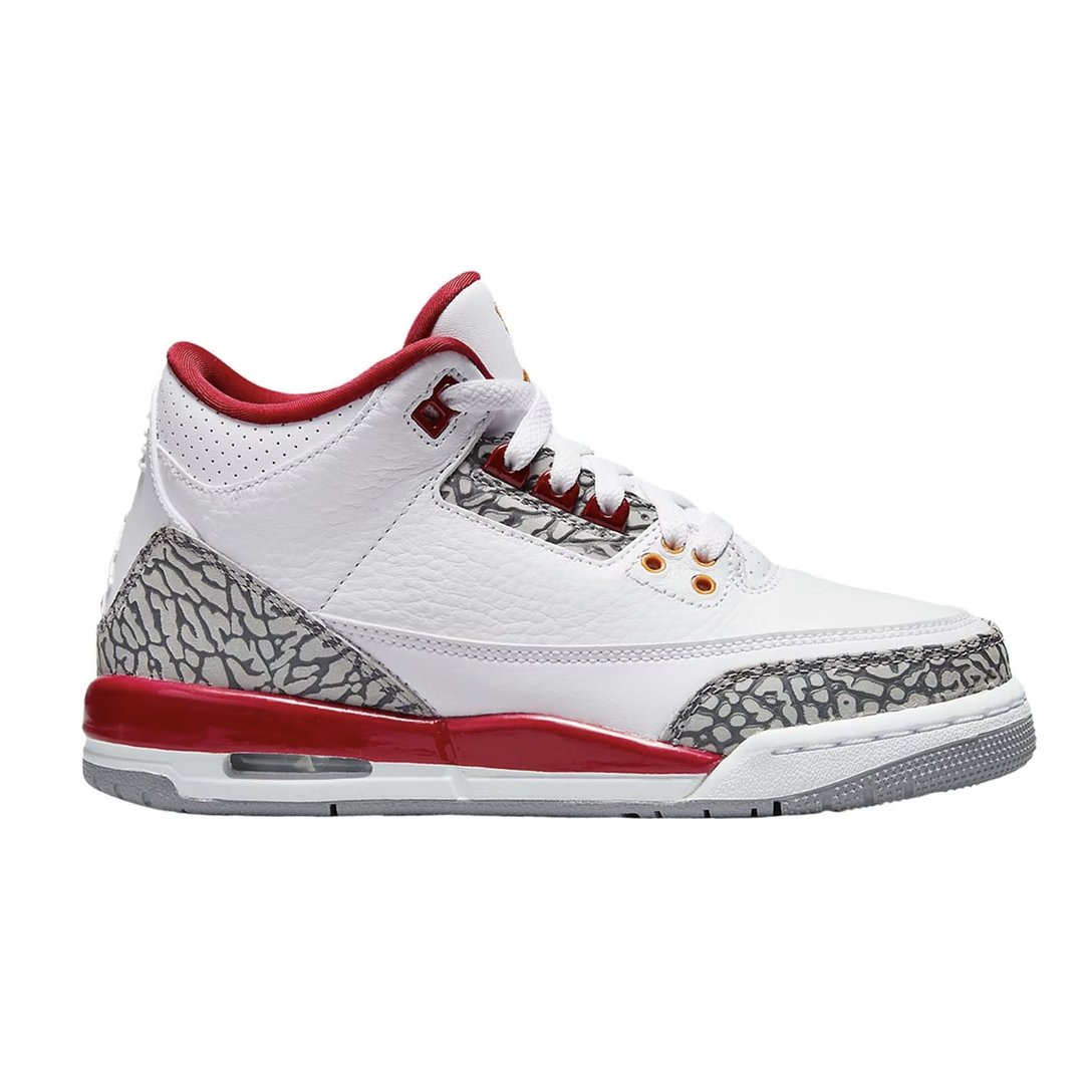 Close-up of the Jordan 3 Retro -Cardinal (GS) sneakers in vibrant red and white colorway, featuring iconic Air Jordan branding and premium leather construction