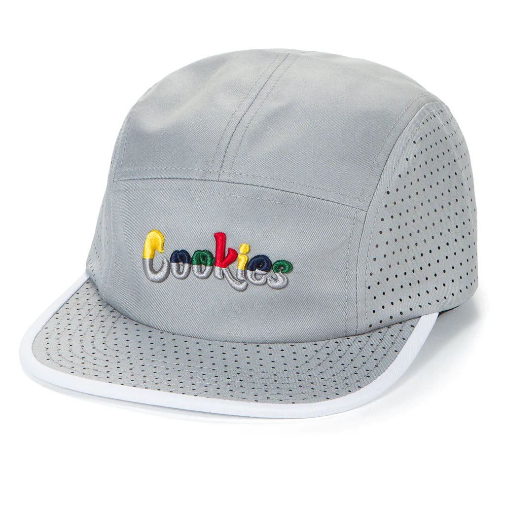 Five-panel grey canvas hat with Cookies Catamaran logo, perfect for casual wear