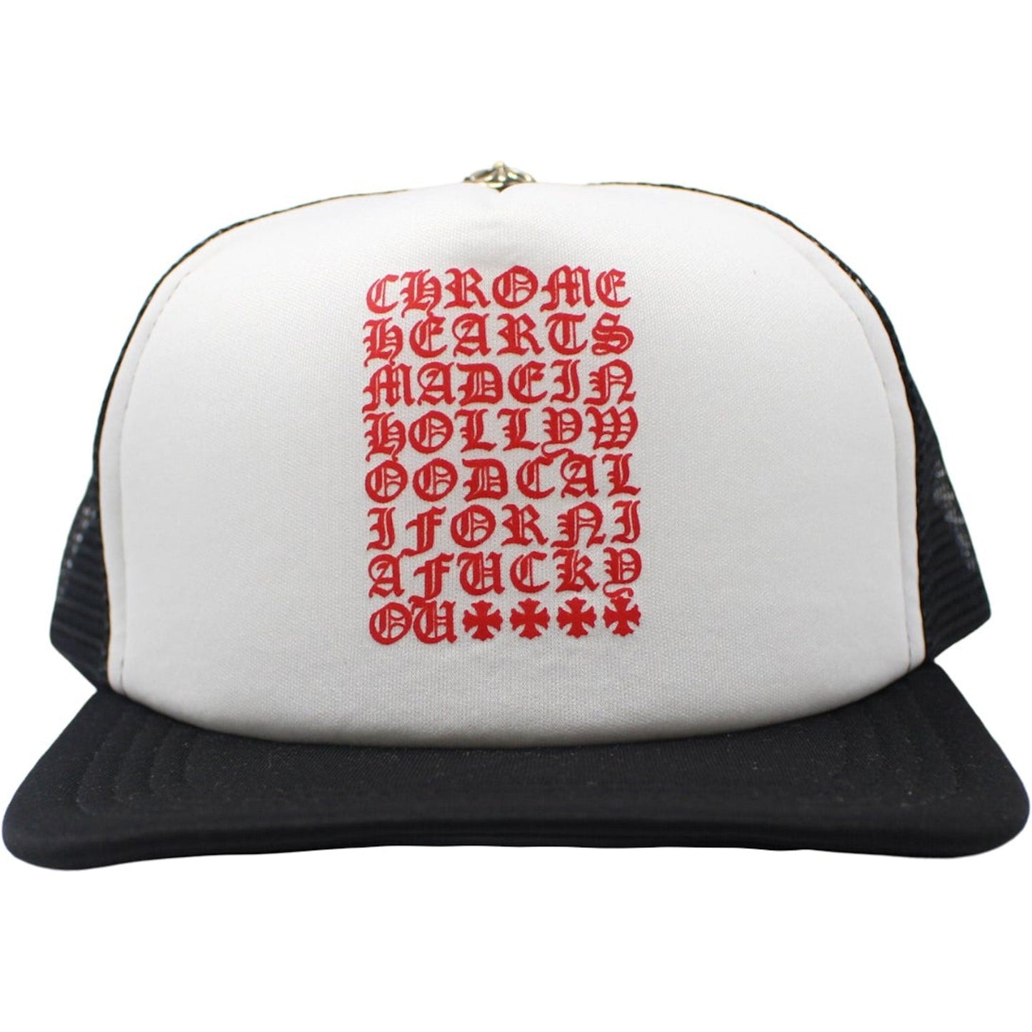 Black, white, and red Chrome Hearts Eyechart Trucker Hat with iconic logo design