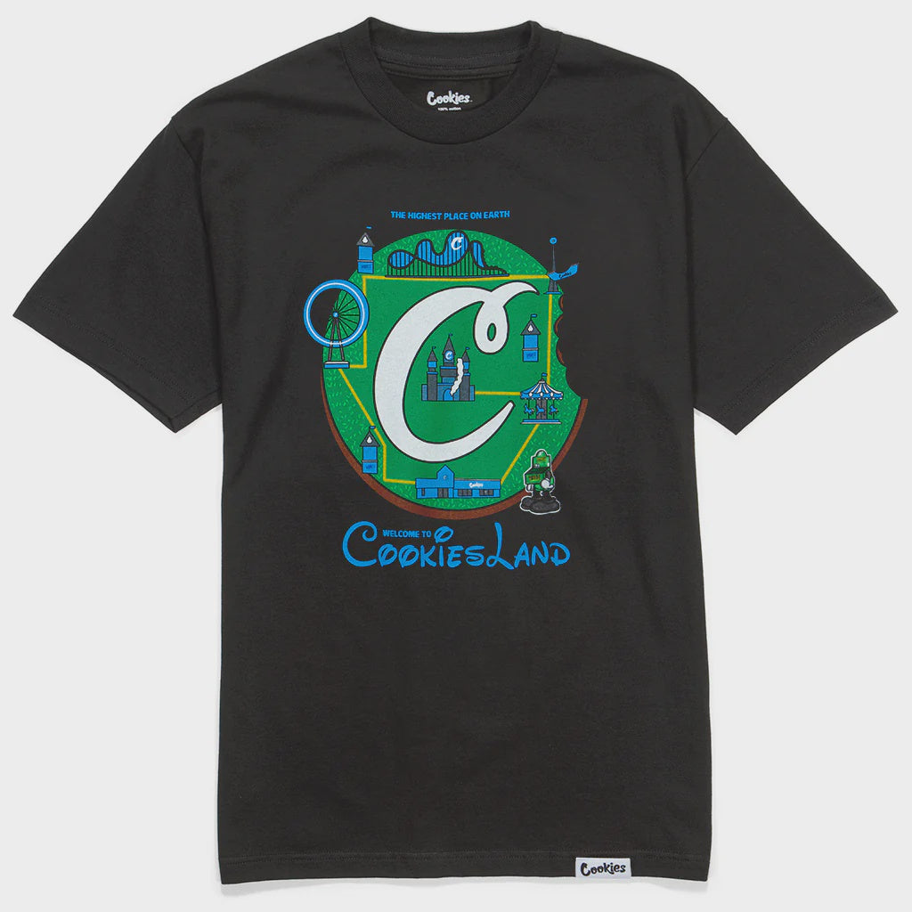 Black short sleeve tee featuring fun and colorful cookies cookies-land design