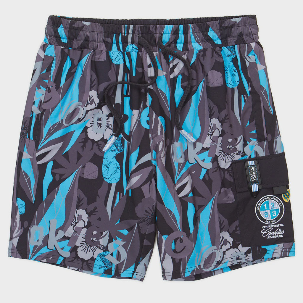 Front view of Cookies Corsica Black Swim Shorts with drawstring waist and mesh lining