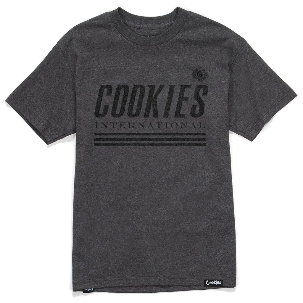 Close up image of Cookies Costa Azul Heather Charcoal/Black Logo Tee, featuring a bold black logo on the front, perfect for casual and comfortable wear