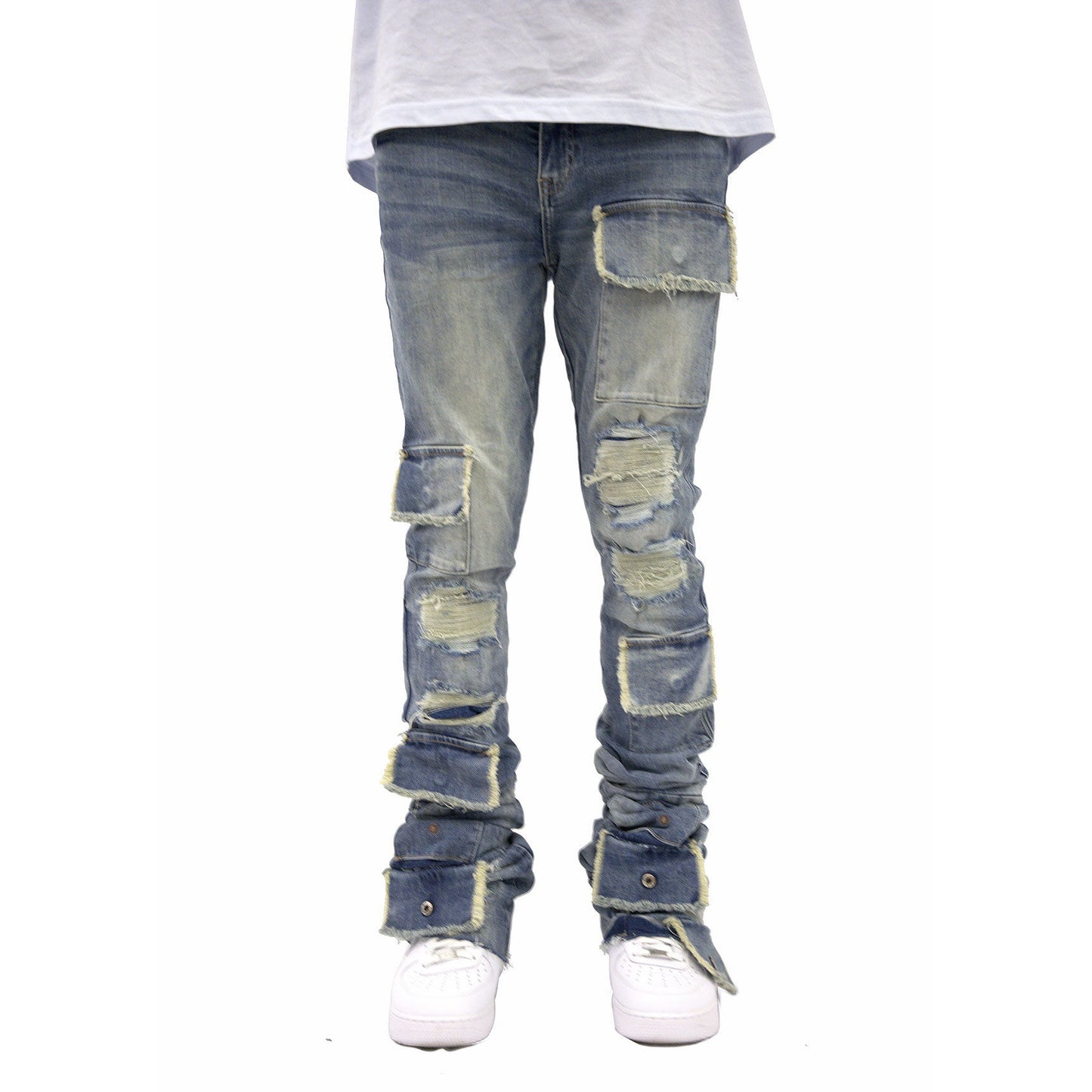 Si Tu Veux Indigo Wash Brutini Super-Stacked Jeans with distressed detailing and a slim fit silhouette for a trendy, urban look