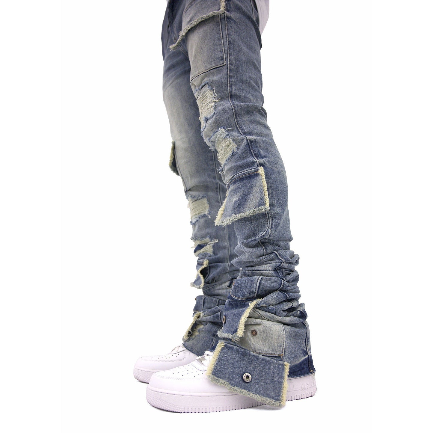 Back view of Si Tu Veux Indigo Wash Brutini Super-Stacked Jeans featuring embroidered logo