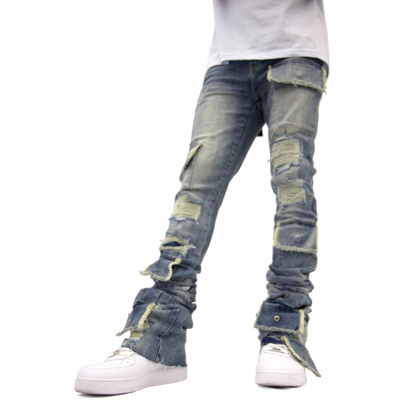 Si Tu Veux Indigo Wash Brutini Super-Stacked Jeans - High-rise, slim-fit denim with distressed detailing