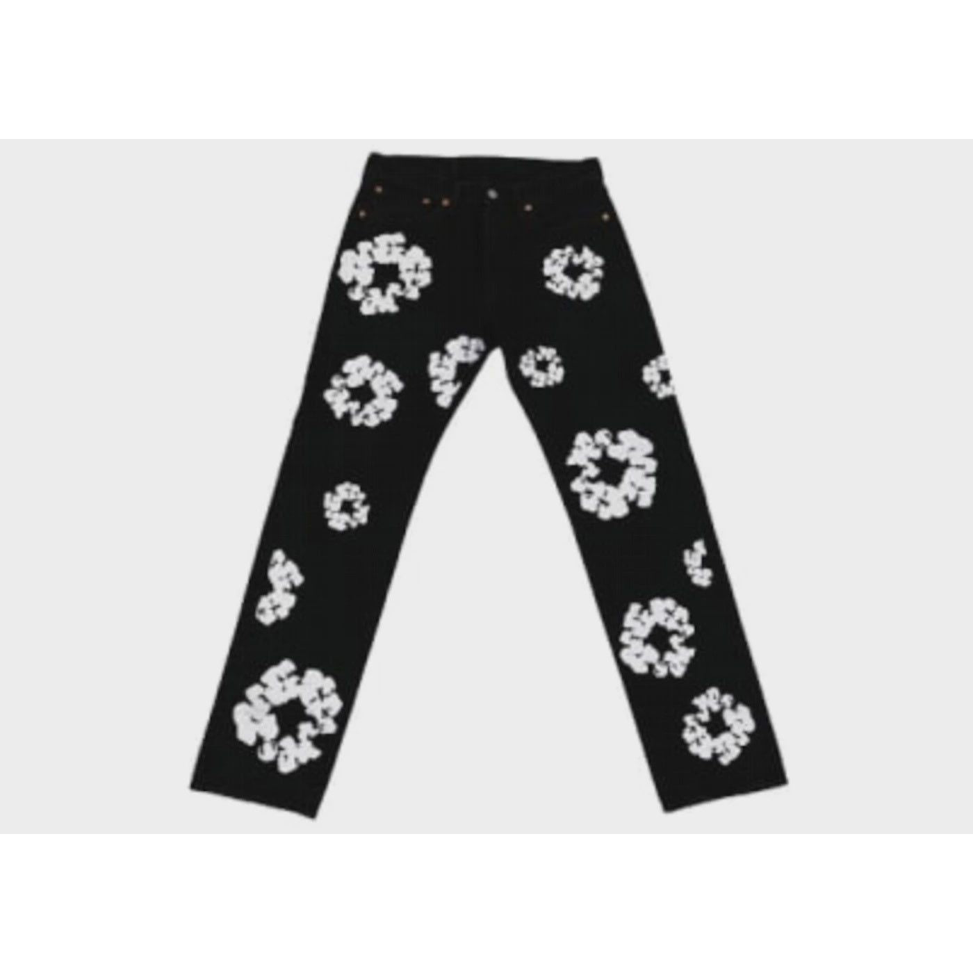 Black denim jeans with a cotton wreath embellishment, collaboration between Denim Tears and Levi's, stylish and versatile fashion piece