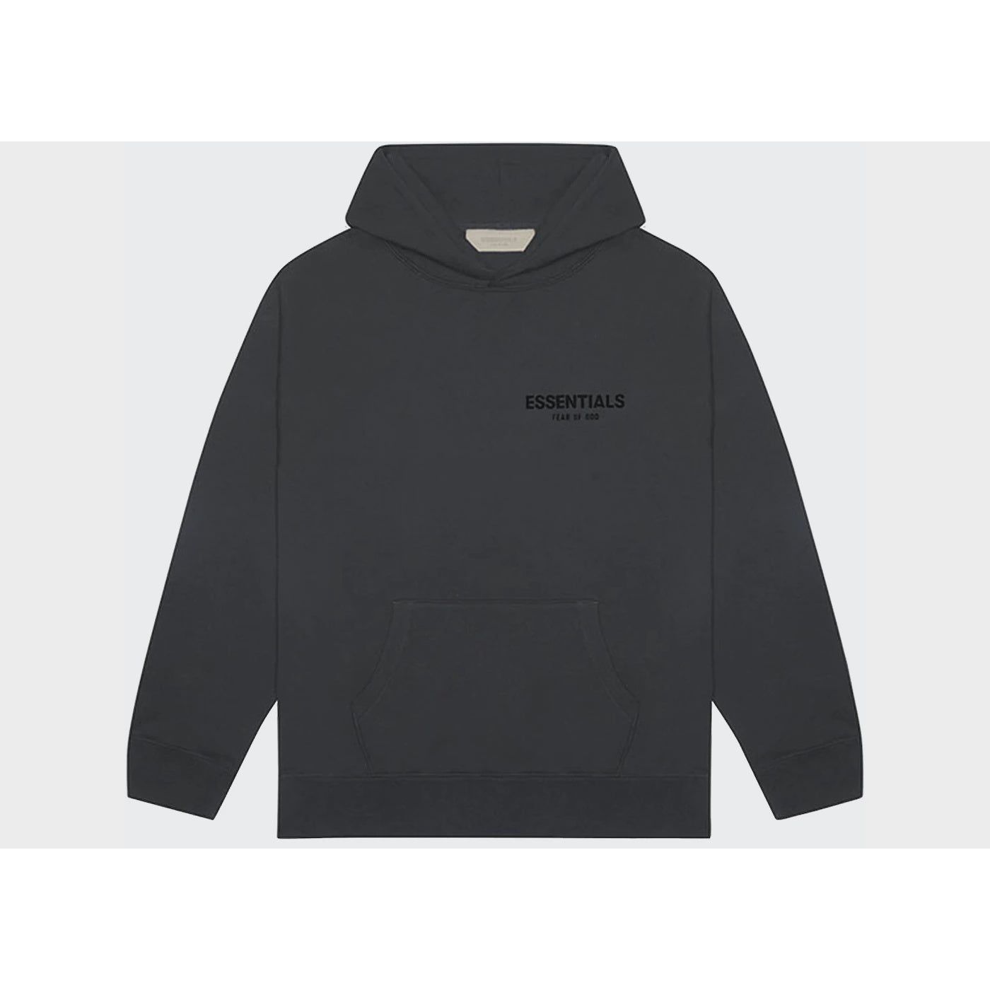 Black Fear of God Essentials Stretch Limo Hoodie featuring oversized fit and front pocket from SS22 collection