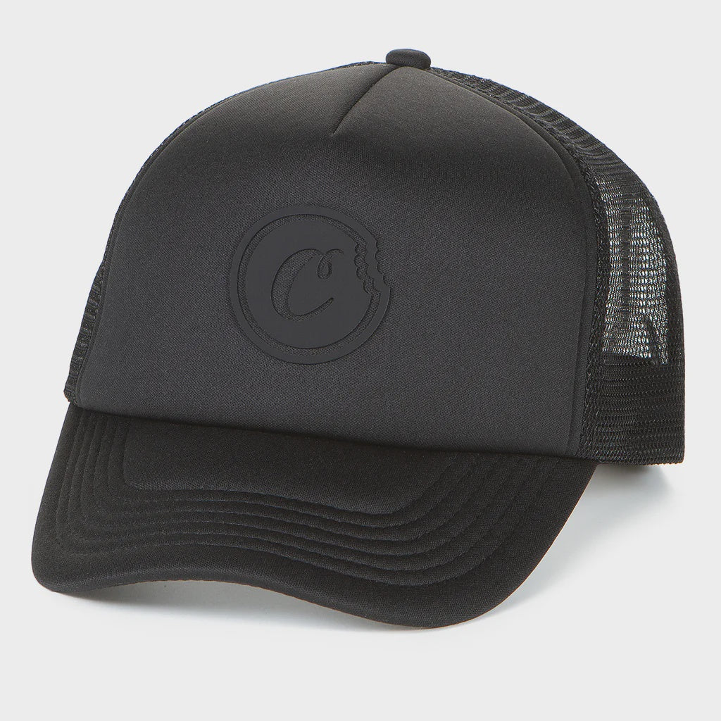 Cookies First Light Black Trucker Hat with adjustable snapback closure and mesh back