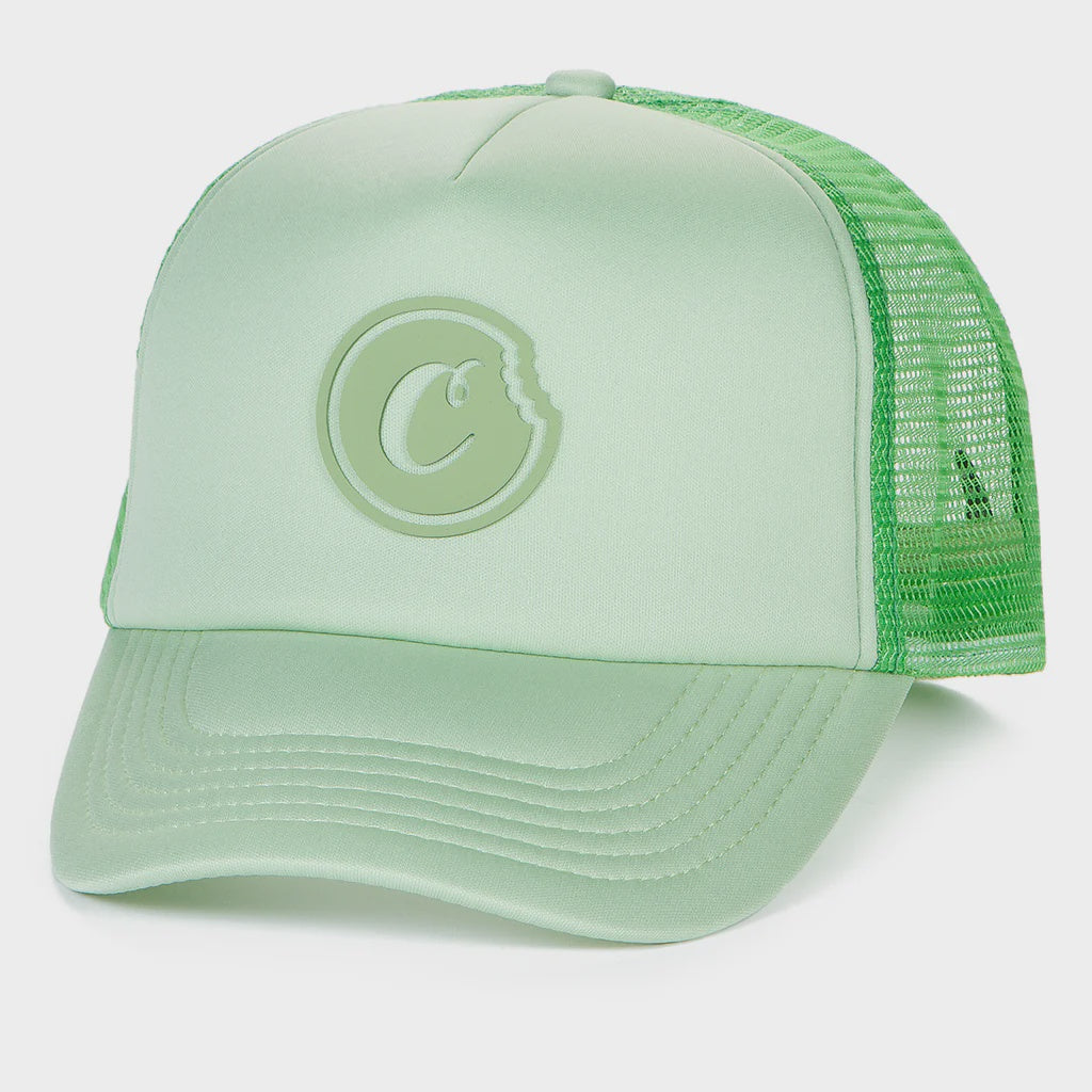 Close-up image of Cookies First Light Sage Trucker Hat with embroidered logo and adjustable snapback design, perfect for adding a stylish and casual touch to any outfit