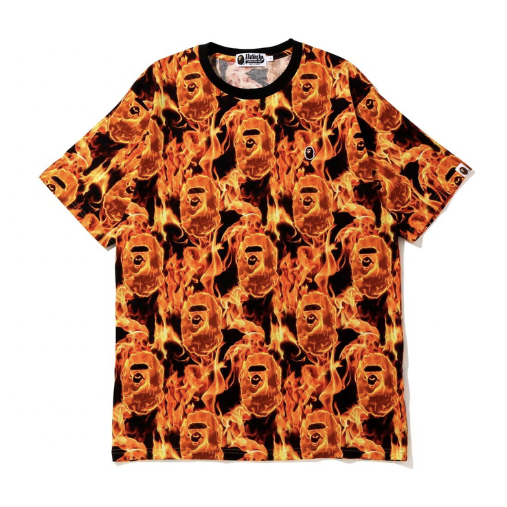 BAPE Flame Wide Tee in vibrant orange color with bold graphic design