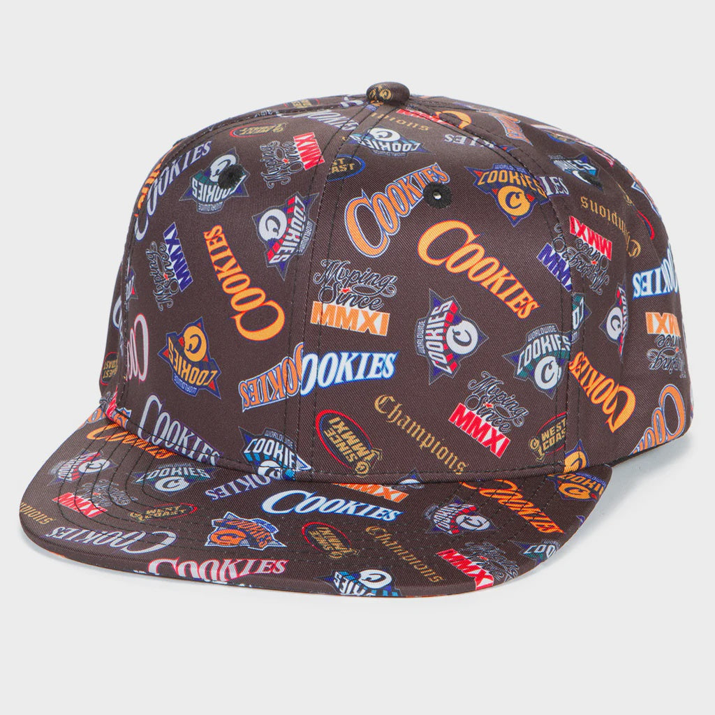 Alt text: Black snapback with all-over print of cookies, full clip design