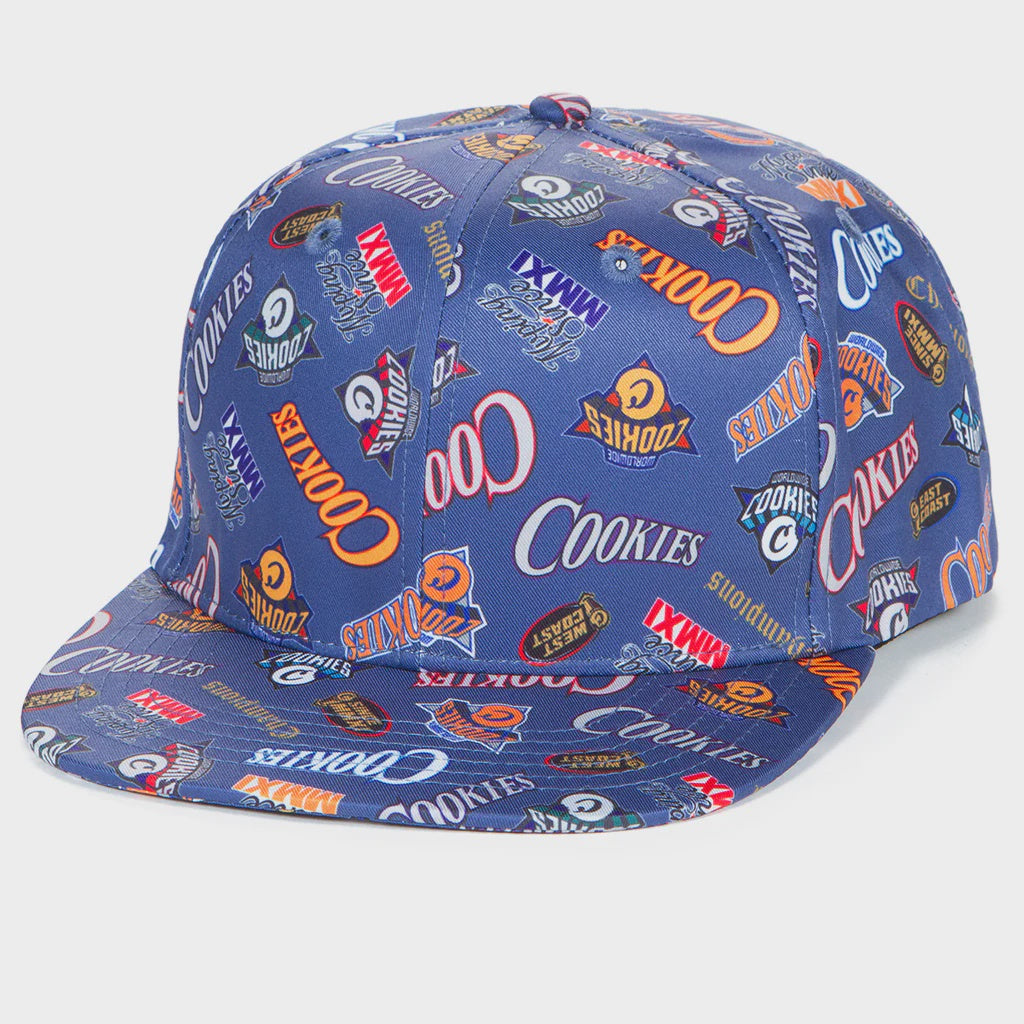 Close-up of Cookies Full Clip All Over Print Dark Blue Snapback with embroidered logo and adjustable strap