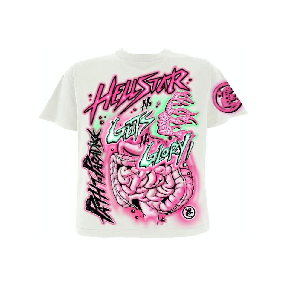 Close-up of the HELLSTAR No Guts No Glory Tee in bright white, featuring bold graphic print and comfortable fit