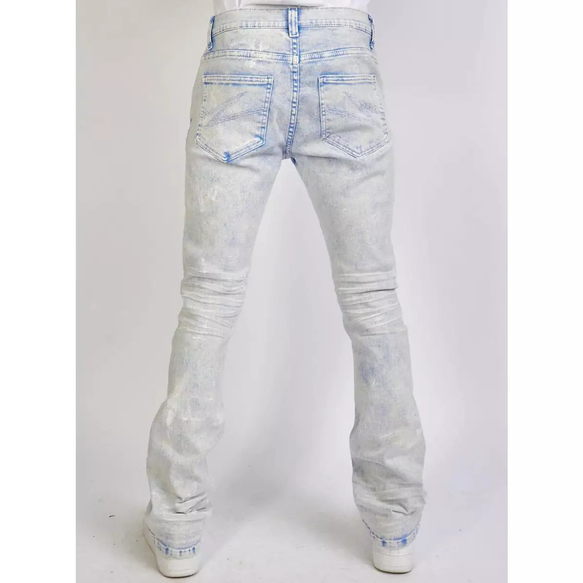 Side view of PLTKS Ice Tundra Stacked Jeans with a focus on the stacked fit and pocket design