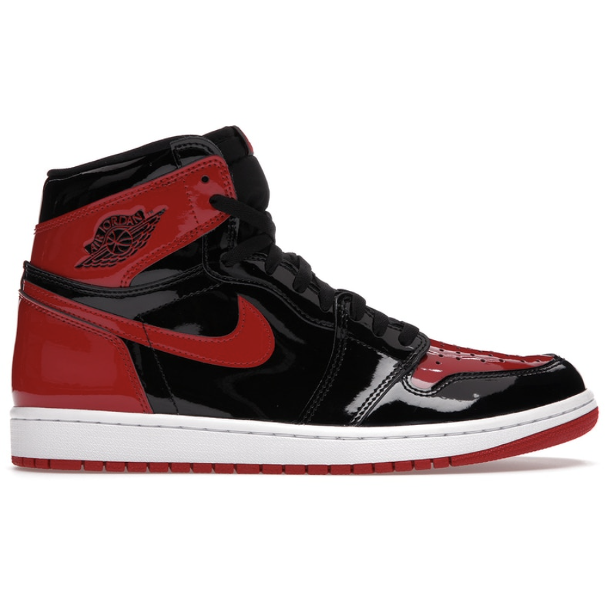 Black and red Jordan 1 Retro High OG - Patent Bred sneakers with glossy patent leather