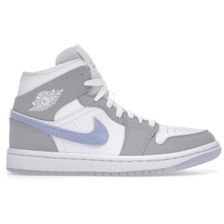 A stylish pair of women's Jordan 1 Mid Wolf Grey Aluminum sneakers with classic design and comfortable fit for everyday wear
