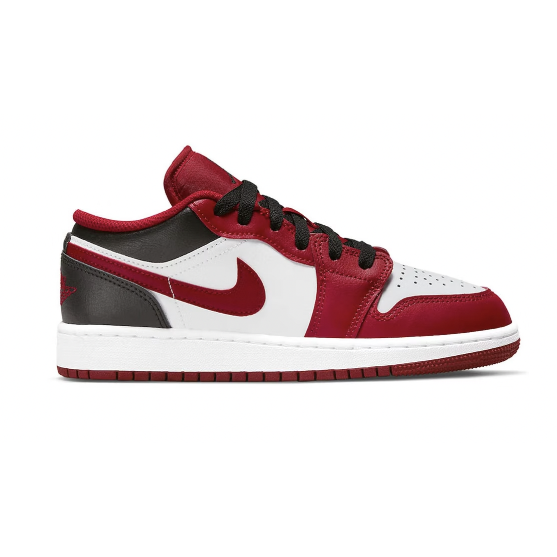 Black and red Jordan 1 Low Bulls (GS) youth sneakers for basketball and casual wear