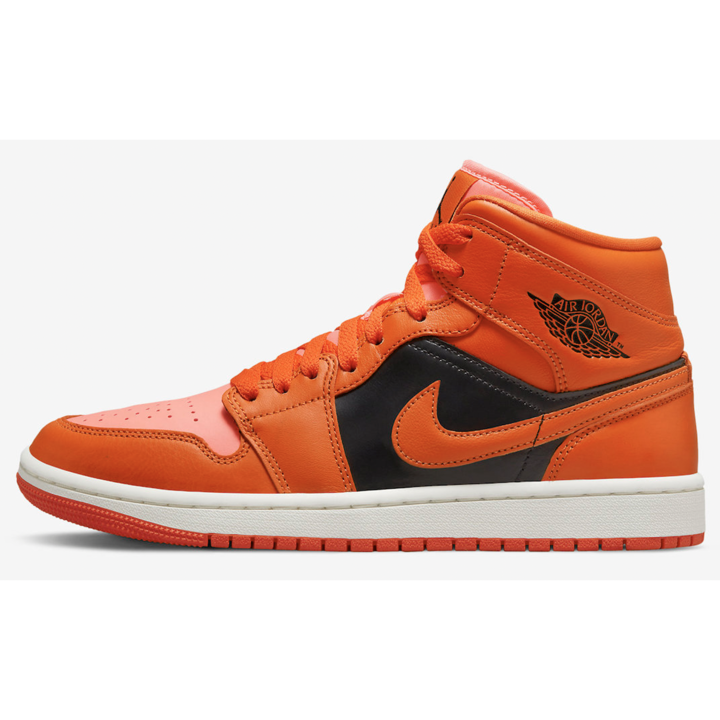 Close-up of the Jordan 1 Mid - Rush Orange Crimson Bliss (W) sneaker in vibrant orange and red colorway, showcasing the iconic Nike swoosh and textured midsole