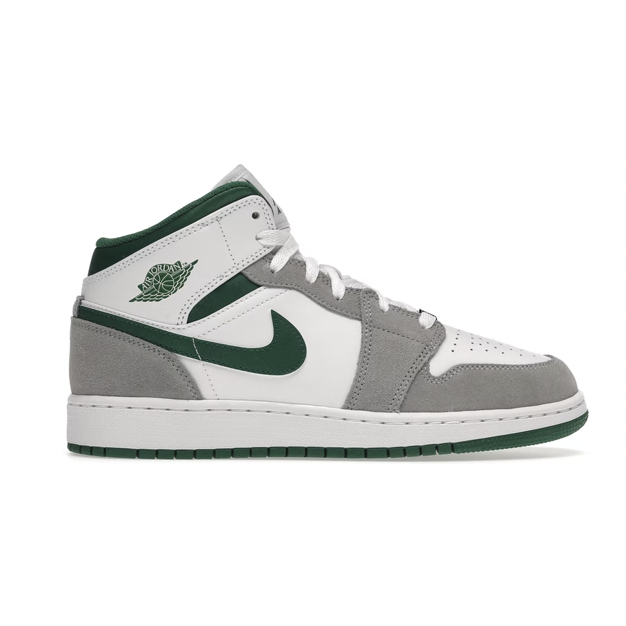 Jordan 1 Mid SE - Grey Green (GS) youth basketball shoes for boys, featuring classic Jordan brand design and comfortable performance features
