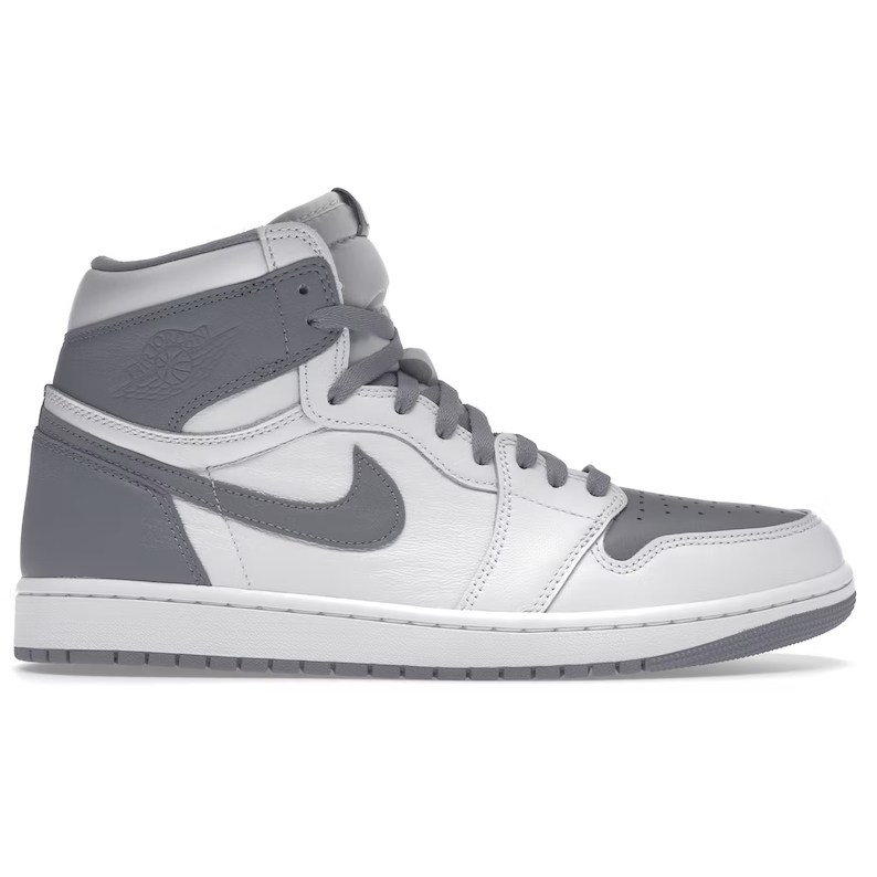 Close-up image of the Jordan 1 Retro High OG - Stealth sneakers in black and gray colorway, showcasing the iconic Swoosh logo and high-top design