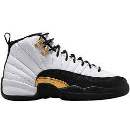 Alt text: High-quality image of the Jordan 12 Retro - Royalty Taxi (GS) sneaker, a stylish and iconic shoe featuring a black and gold colorway, ideal for young sneaker enthusiasts and collectors