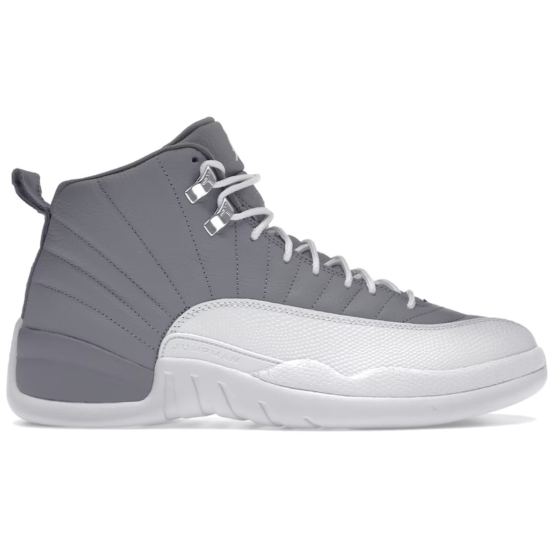 Black and gray Jordan 12 Retro -Stealth basketball sneakers with white sole