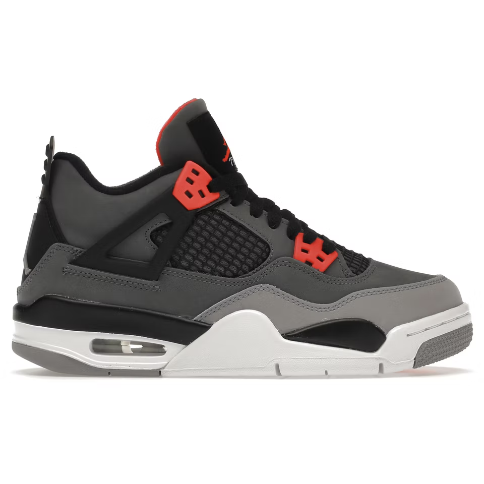 High-quality image of the popular Jordan 4 Retro -Infrared (GS) sneakers, featuring a black and red colorway with premium materials and iconic design elements