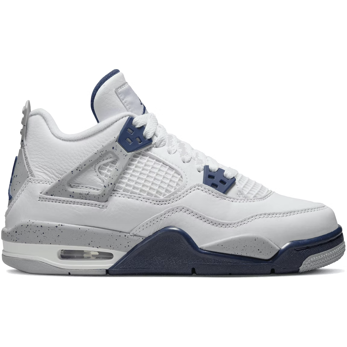 Close-up image of the Jordan 4 Retro -Midnight Navy (GS) sneakers, featuring a navy blue and white colorway with signature Air Jordan logo on the heel
