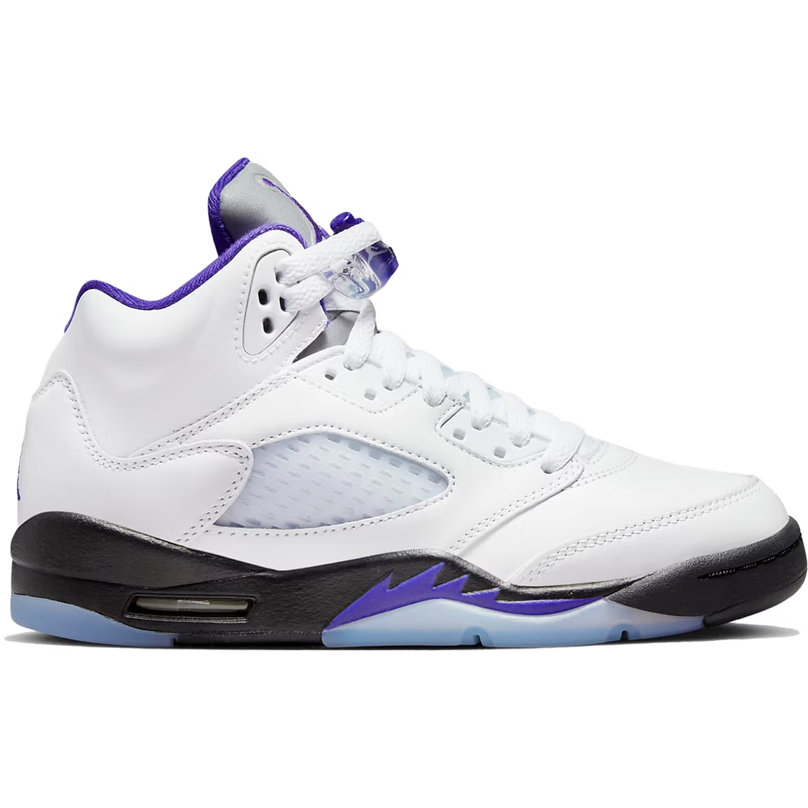Black and purple Jordan 5 Retro Dark Concord (GS) sneakers for kids on a white background