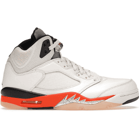 Close-up of Jordan 5 Retro - Shattered Backboard sneakers in black and orange colorway with iconic Air Jordan logo on the back, representing the classic basketball shoe design