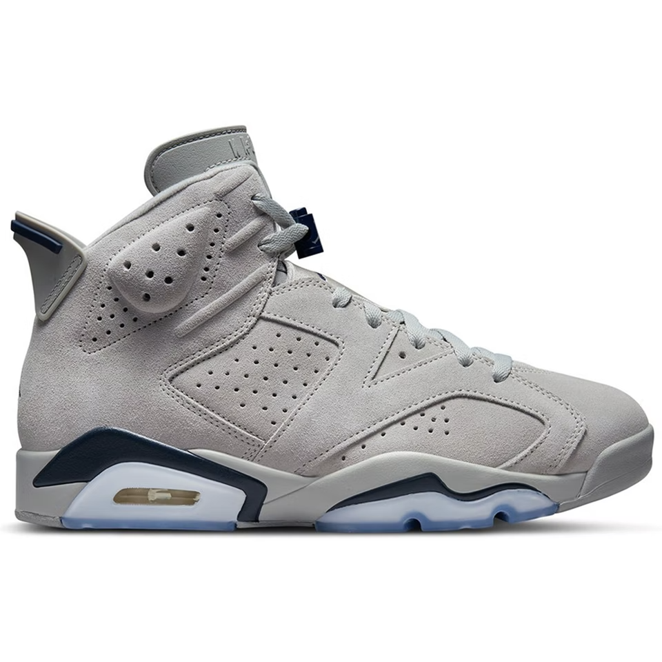 High-quality image of the Jordan 6 Retro -Georgetown (2022) basketball shoes, featuring the iconic gray and navy colorway, available for purchase