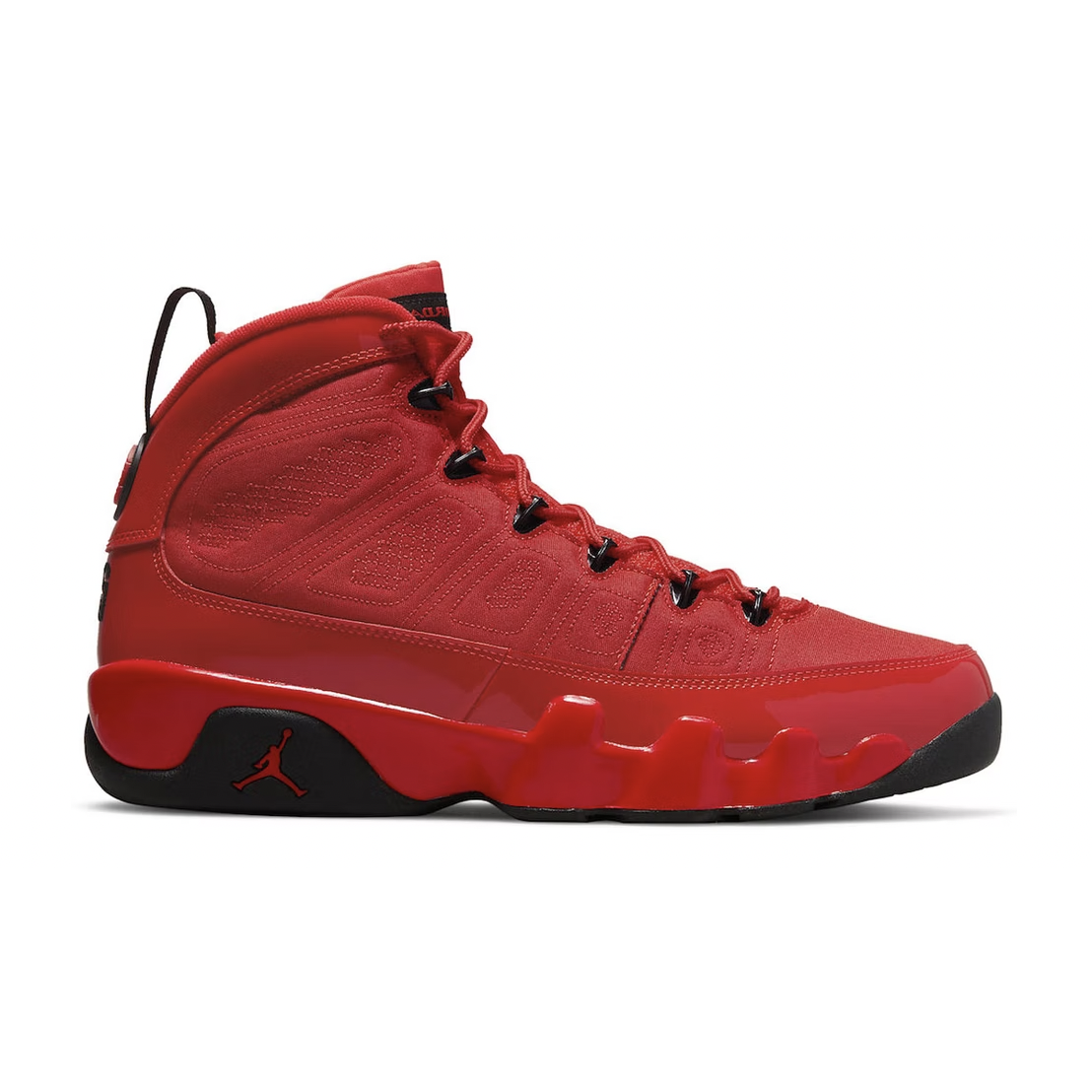 High-quality close-up image of the stylish Jordan 9 Retro -Chile Red basketball shoe, featuring a vibrant red colorway and classic design