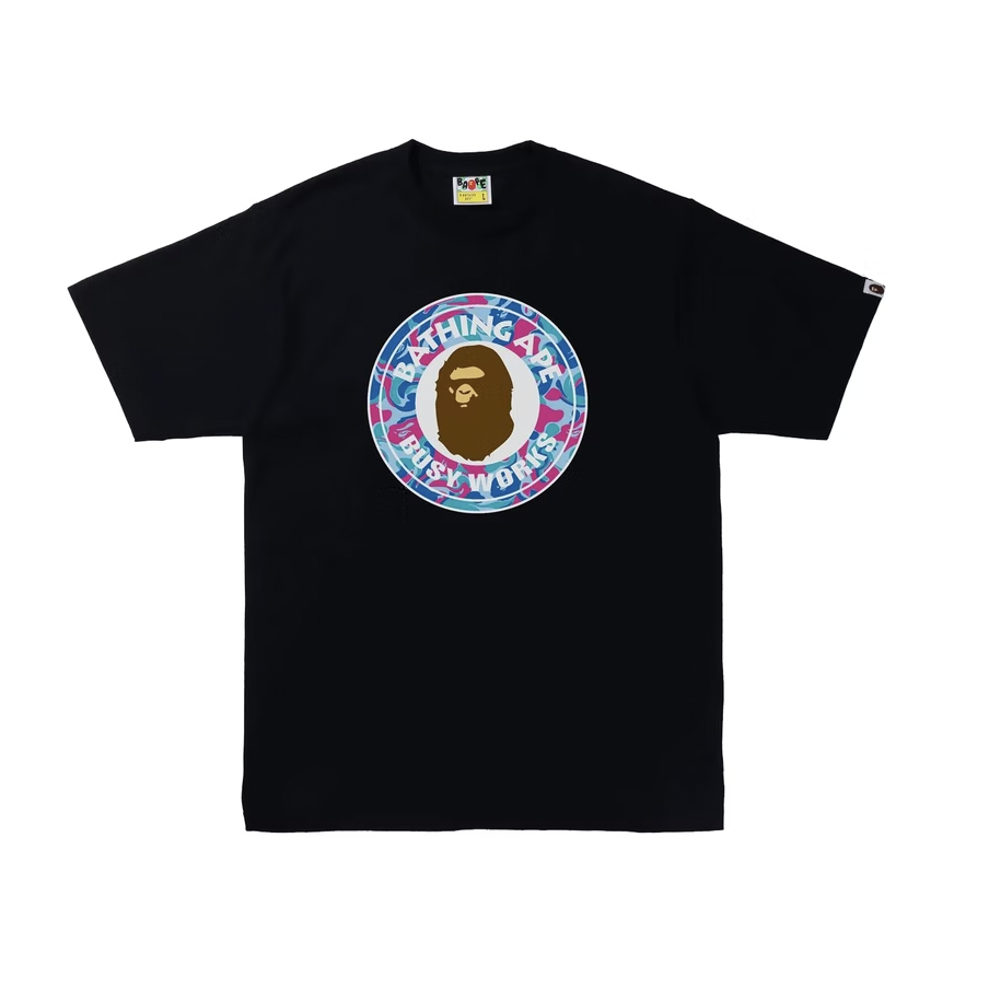 Black BAPE Marble Camo Busy Works Tee showcasing urban streetwear style