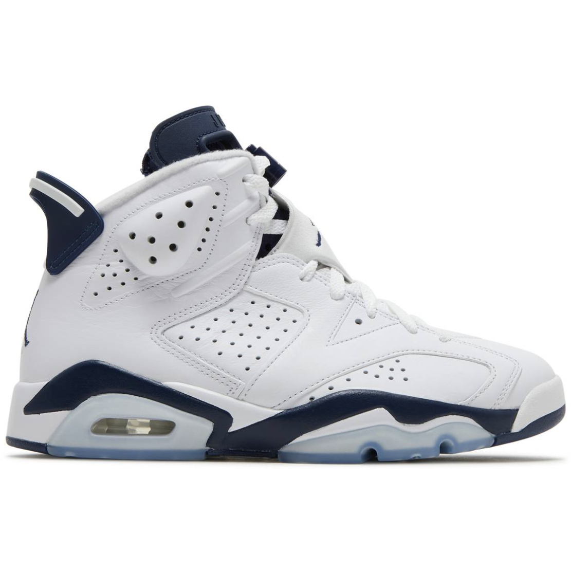 High-quality close-up image of the Jordan 6 Retro -Midnight Navy (2022) sneakers, featuring a sleek design with navy blue accents and the signature Air Jordan logo on the heel
