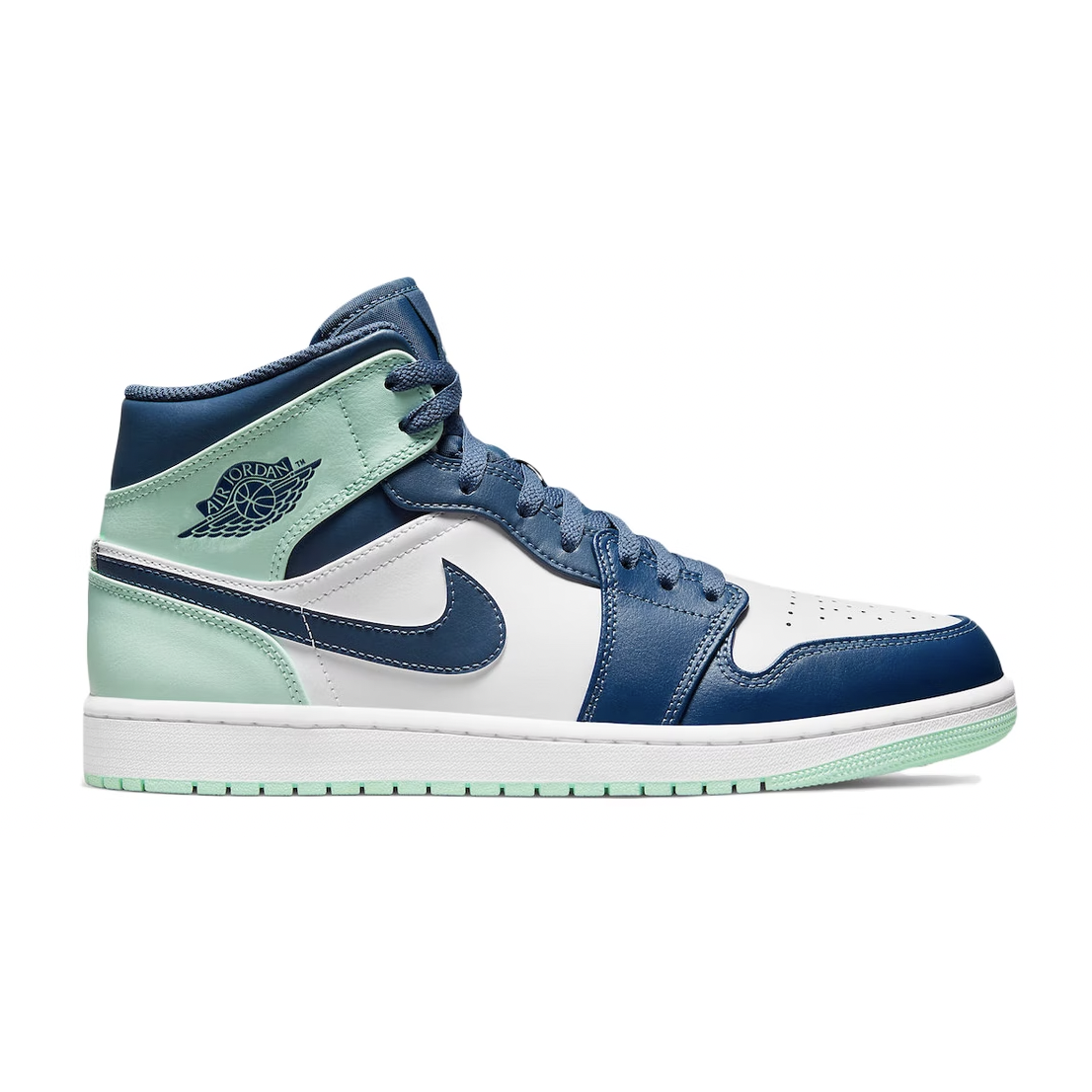 High-top Jordan 1 Mid Mystic Navy Mint Foam sneakers with iconic Jordan logo and stylish color combination