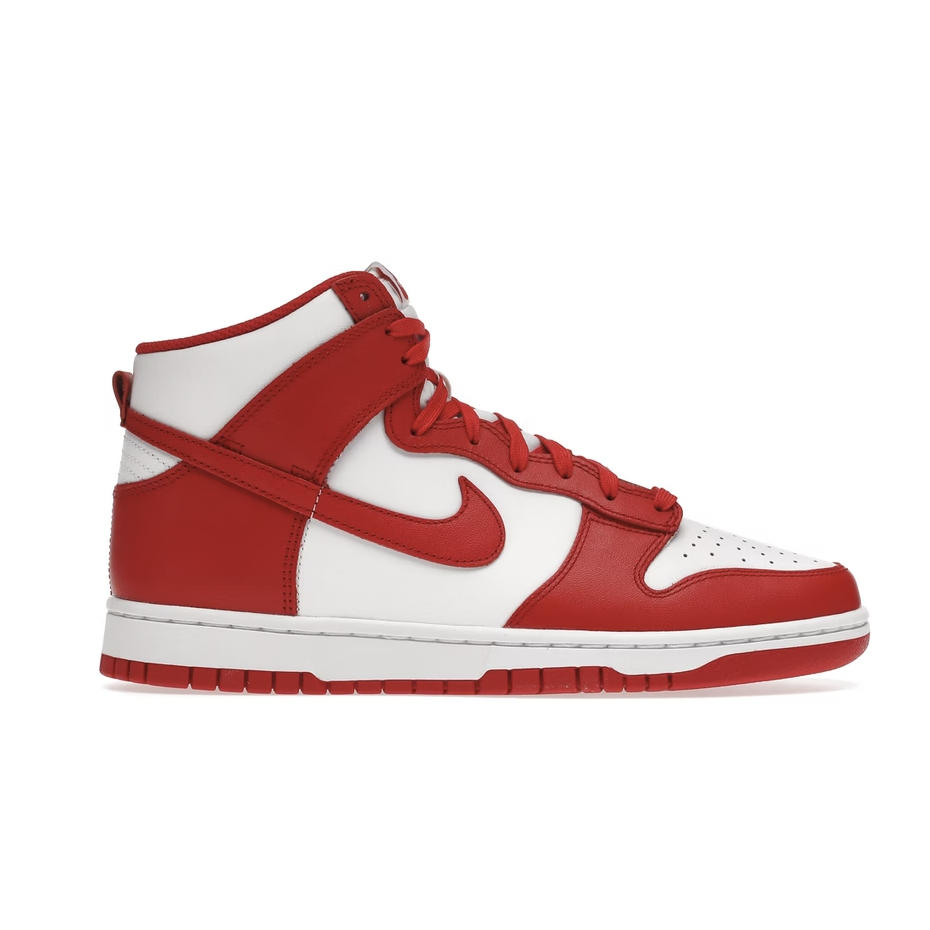 Alt text: Nike Dunk High - Championship White Red sneakers with iconic swoosh logo on the side, perfect for basketball enthusiasts and collectors