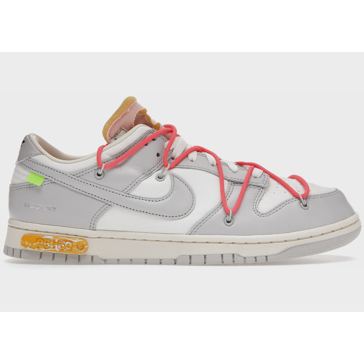 Close-up image of the Nike Dunk Low Off-White Lot 6 (2021) (DM1602-110) sneaker featuring a white and grey colorway with signature Off-White branding and iconic stamp details