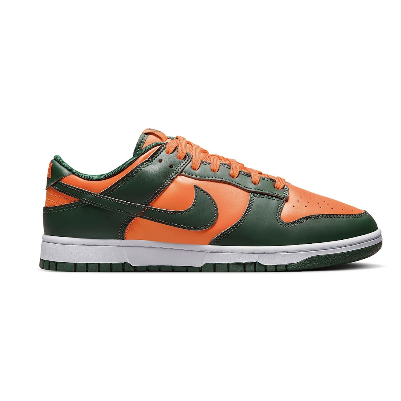 Nike Dunk Low Retro Miami Hurricanes DD1391-300 sneakers in green and orange colorway with Miami Hurricanes logo on the tongue