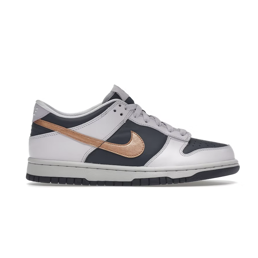 Nike Dunk Low SE -Copper Swoosh (GS) in black and white colorway with signature Nike Swoosh logo in copper, low-cut design and durable rubber outsole, perfect for stylish and comfortable everyday wear for grade school kids
