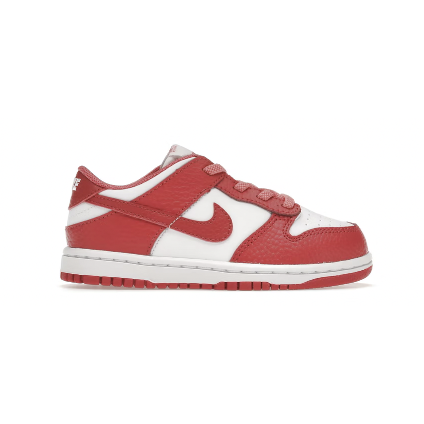 A pair of Nike Dunk Low White - Gypsy Rose (TD) shoes for toddlers, featuring a classic low-top design with a clean white upper and vibrant Gypsy Rose accents on the Swoosh, heel tab, and outsole