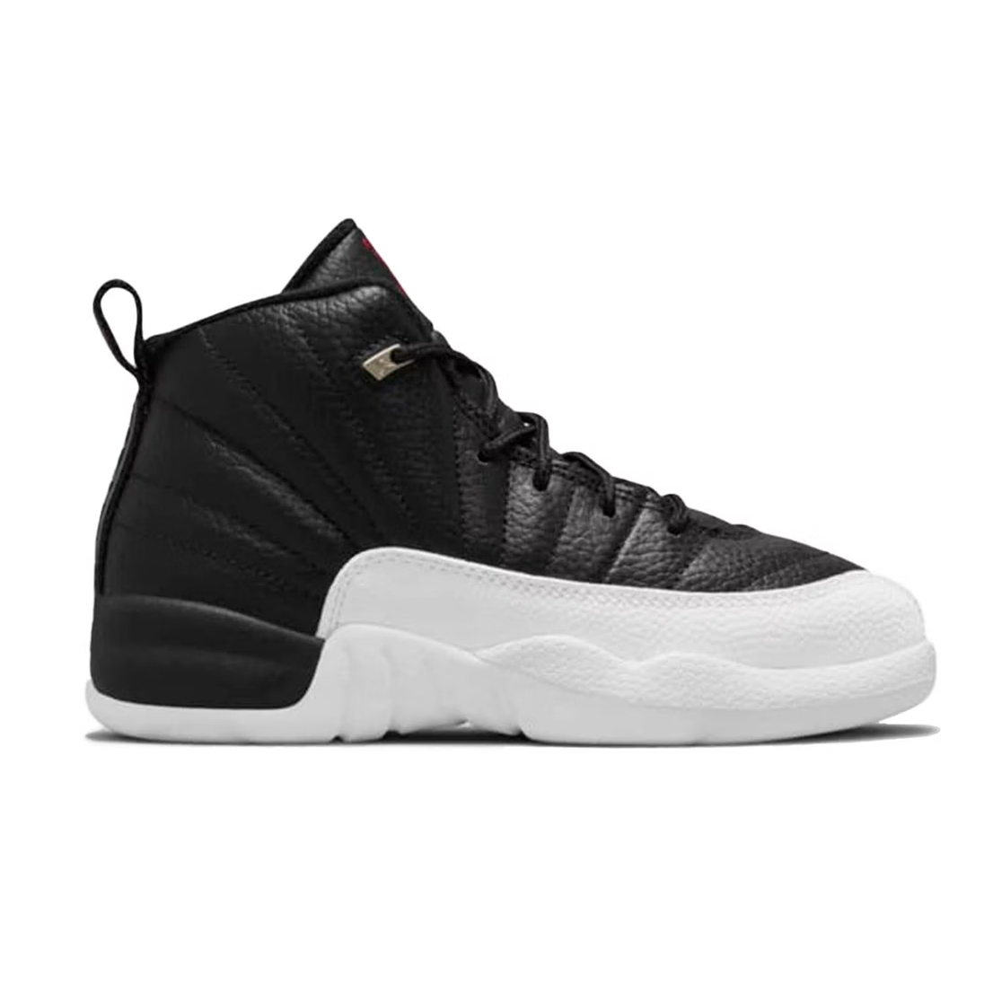 Black and white Jordan 12 Retro -Playoffs (2022) (PS) kids shoes with red accents and Jumpman logo on the heel