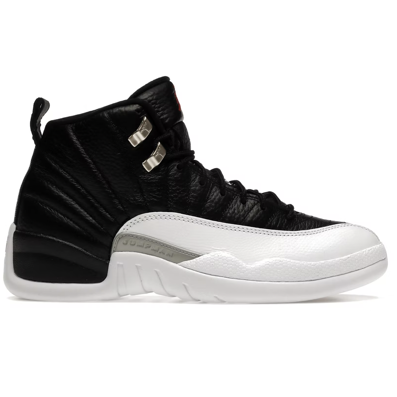 Black and white Jordan 12 Retro Playoffs 2022 sneakers with iconic design