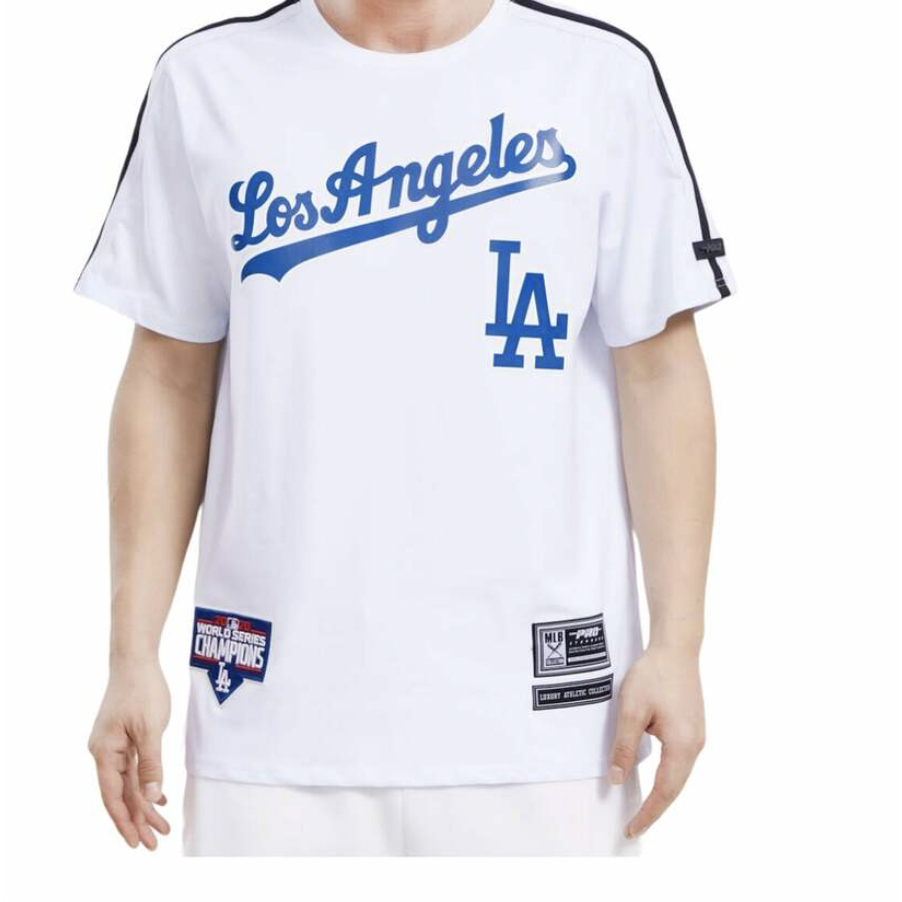 A white Pro Standard Los Angeles Dodgers logo pro team taping shirt
